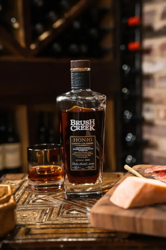Bottle of Brush Creek Honig Cabernet Cask Finished Straight Bourbon Whiskey sitting on a table next to a poured glass of the whiskey