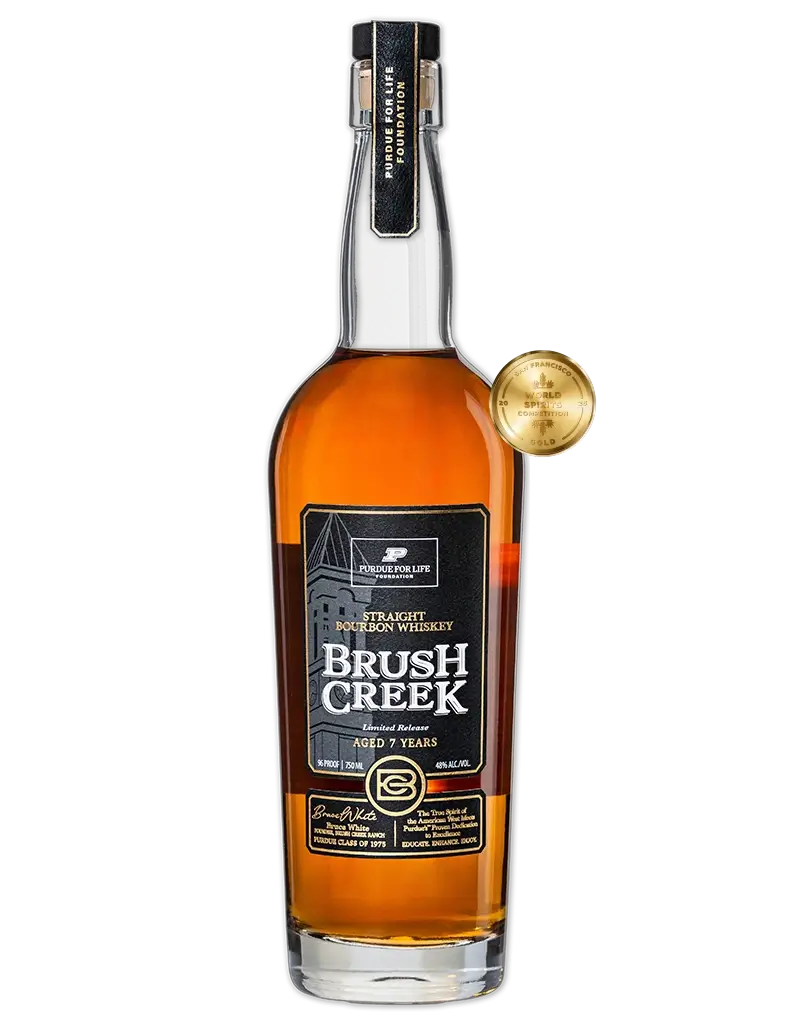 Bottle of Brush Creek Purdue for Life with award listed to the right of the bottle